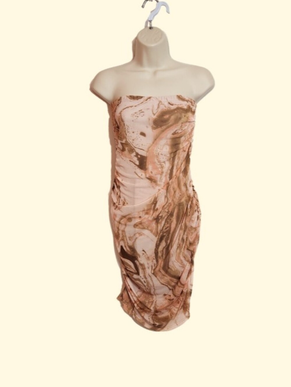 Cacia NEW Tie Dye Swirl Strapless Ruched Bodycon Party Dress Pink/Brown Large